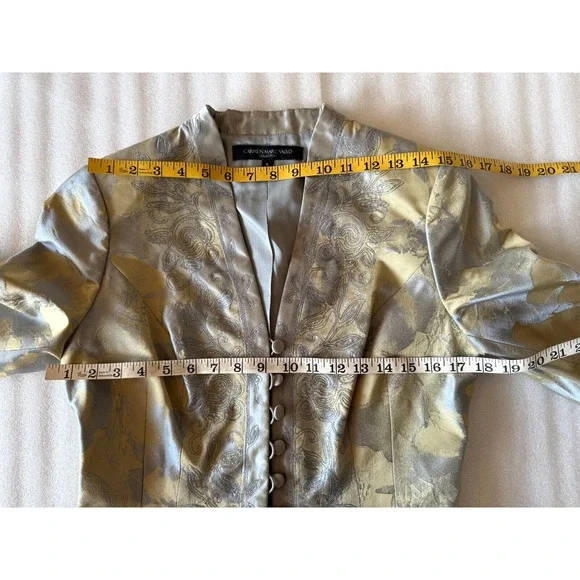 Carmen Marc Valvo Skirt Suit Sz 8 Blazer Set Jacket Silk Womens Dusty Blue Green - Picture 11 of 15